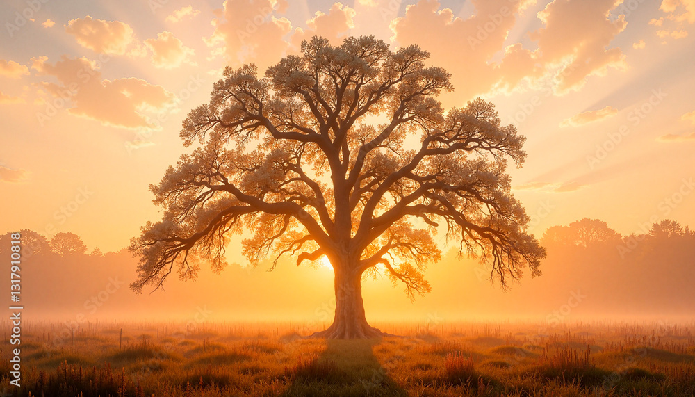 Obraz premium Majestic tree silhouetted against a golden sunrise