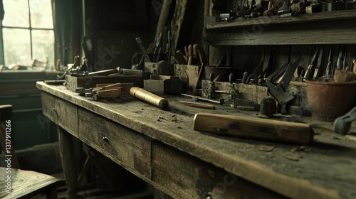 Vintage Wooden Workbench Filled with Tools and Materials