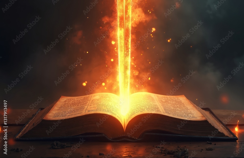 Open Bible with fiery sword. Gods Word concept. Religious power, spiritual war. Magic glowing light, faith hope love. Divine book on wooden table background. Christian art. Open Bible with fiery sword. Gods Word concept. Religious power, spiritual war. Magic glowing light, faith hope love. Divine book on wooden table background. Christian art.
