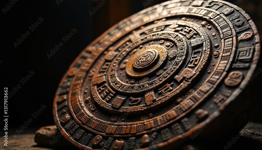 Fototapeta premium Close-up of old Mayan Aztec calendar stone carving with round pattern. Bronze, brown texture background with relief. Ancient precolumbian ornament, vintage landmark for history, travel themes.