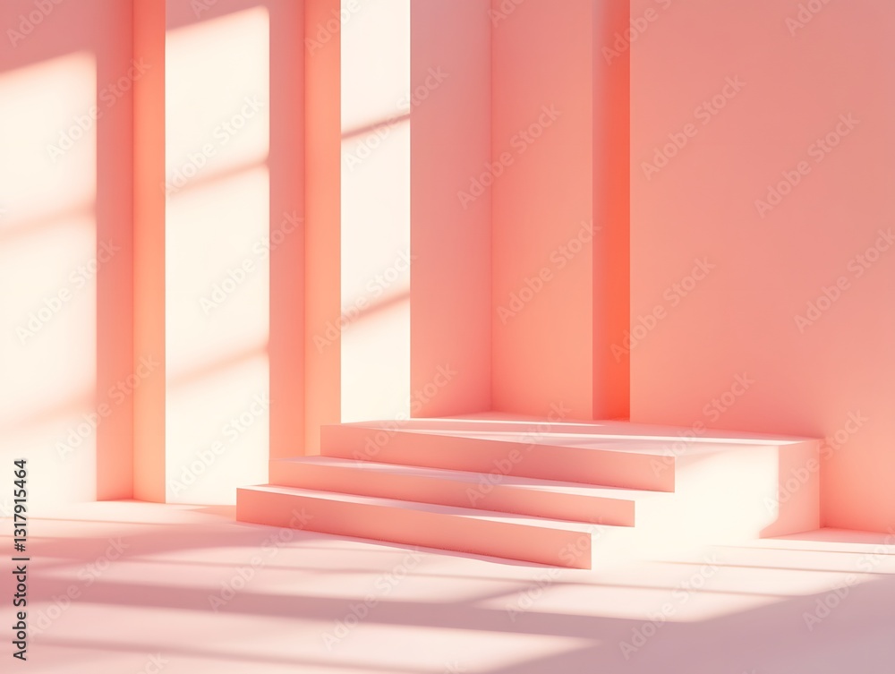 Obraz premium Ascending Illumination: A minimalist architectural design presents a staircase bathed in soft sunlight and shadows, evoking a sense of tranquility, progress and spatial harmony.