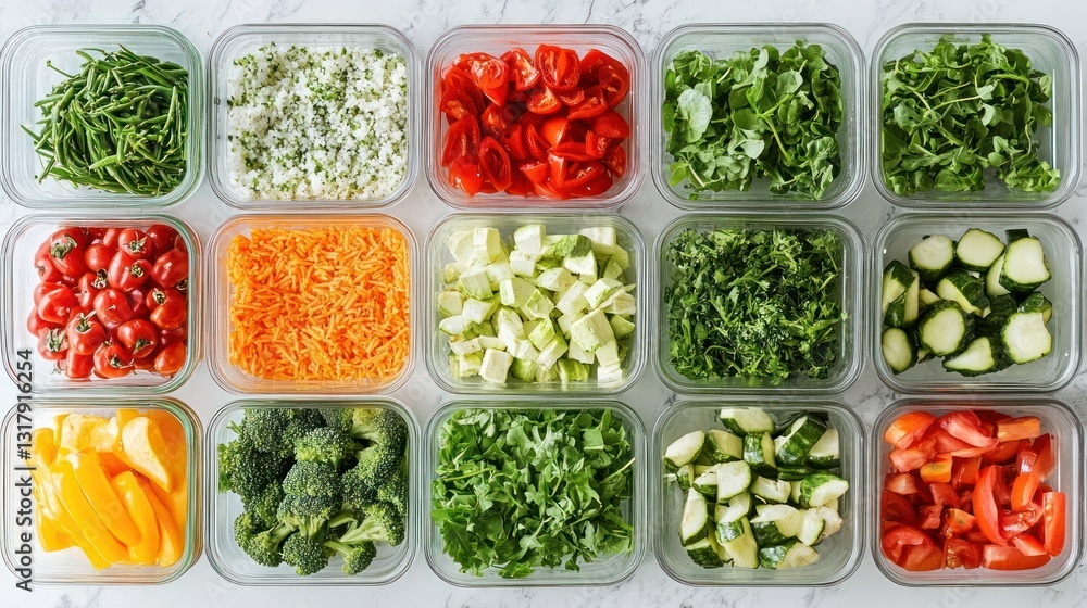Freshly prepared vegetable assortment in glass containers for healthy meal prepping Freshly prepared vegetable assortment in glass containers for healthy meal prepping