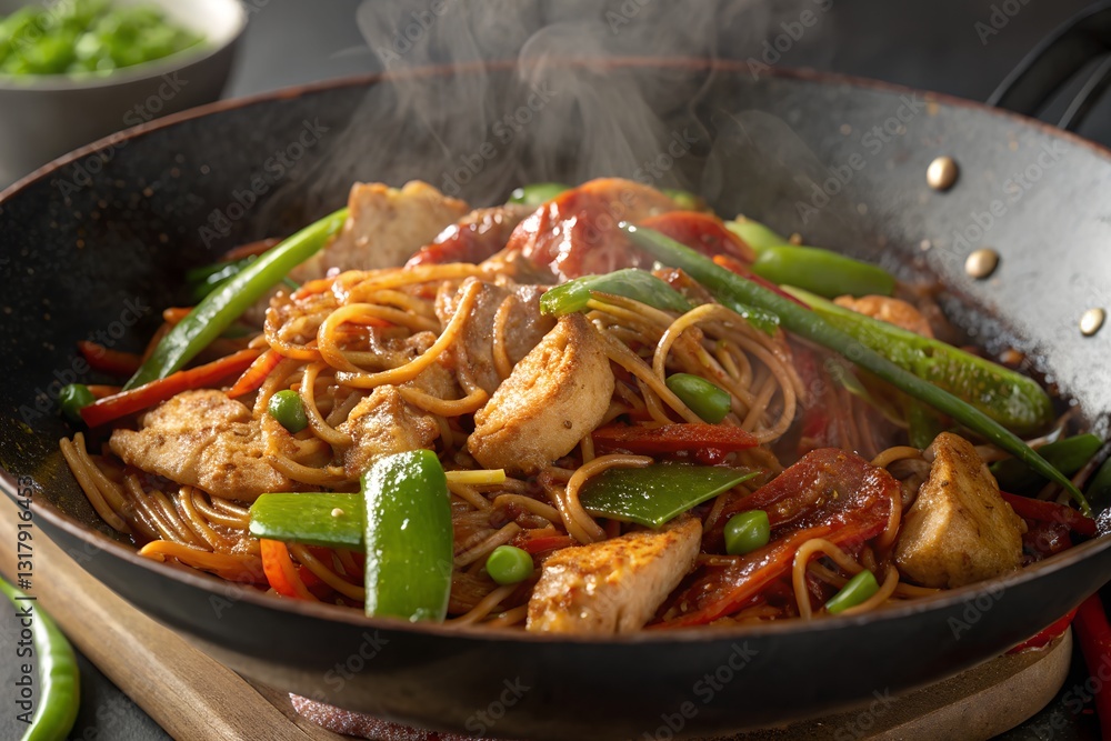 Stir Fry Noodles with Chicken and Vegetables Cooking in a Wok on High Heat, Creating Steam Stir Fry Noodles with Chicken and Vegetables Cooking in a Wok on High Heat, Creating Steam