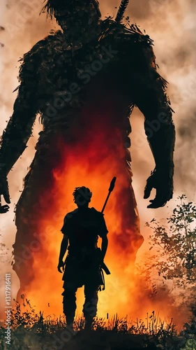 Epic showdown between a brave warrior and a colossal figure engulfed in flames during a mysterious twilight encounter