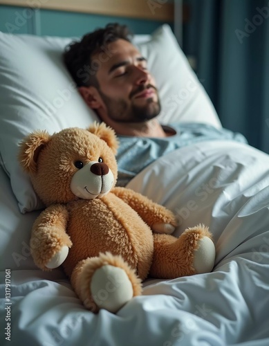 A sick man rests in a hospital bed, comforted by a soft teddy bear by his side. The atmosphere is serene, highlighting the bond of hope and compassion in challenging times photo