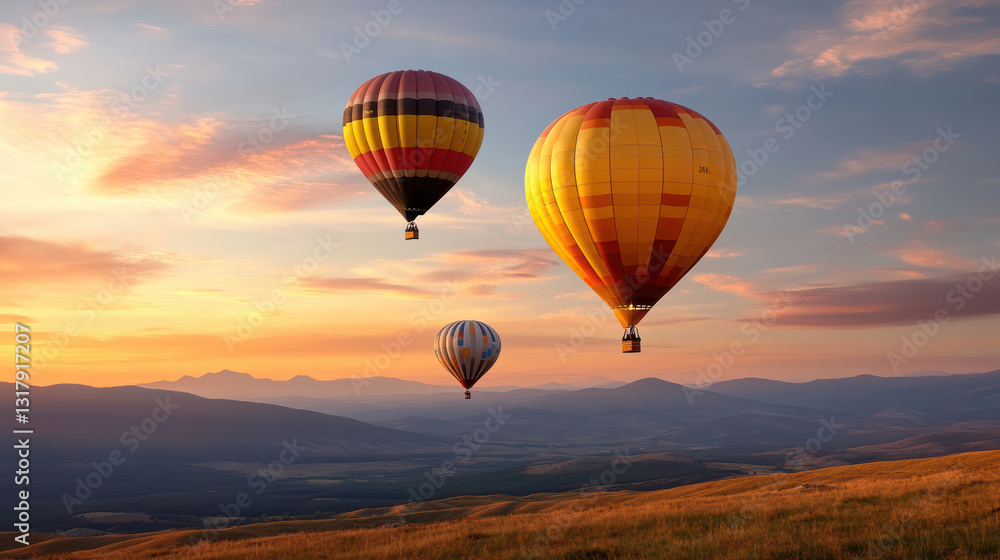 Naklejka premium Breathtaking view of colorful hot air balloons floating at sunset
