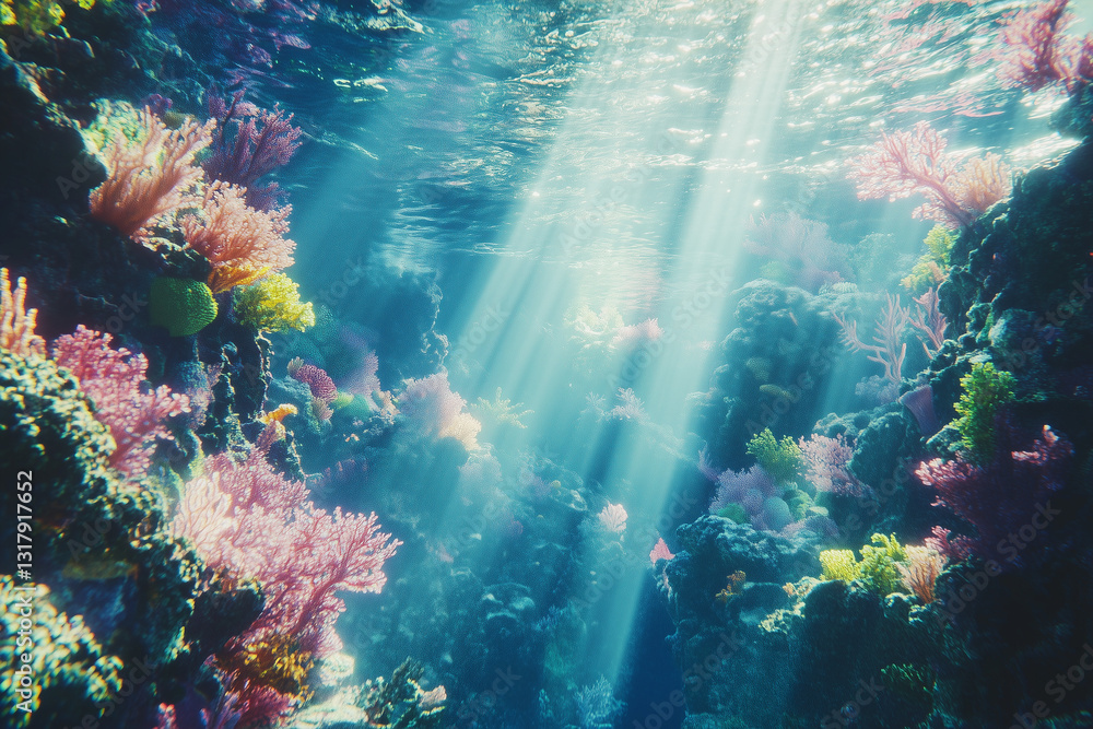 Fototapeta premium Vibrant coral reef teeming with diverse marine life, captured dramatically from an elevated breathtaking perspective