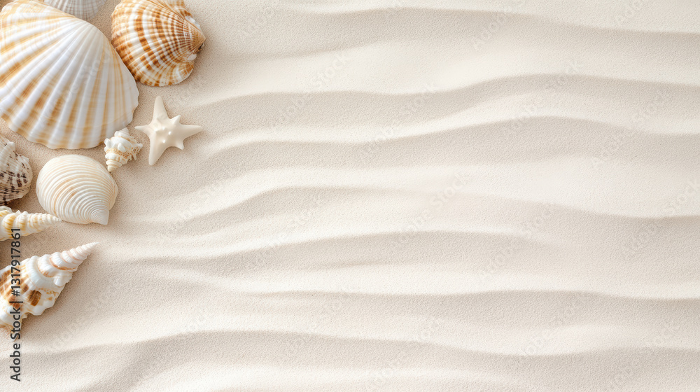 serene beach scene featuring seashells on soft sand, evoking tranquility serene beach scene featuring seashells on soft sand, evoking tranquility
