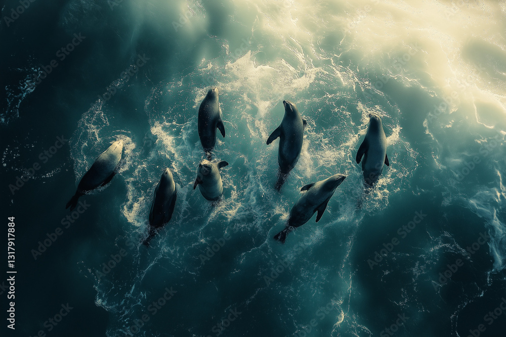 Obraz premium Pod of playful seals swimming through cool water, exuding marine energy and adorable aquatic movement