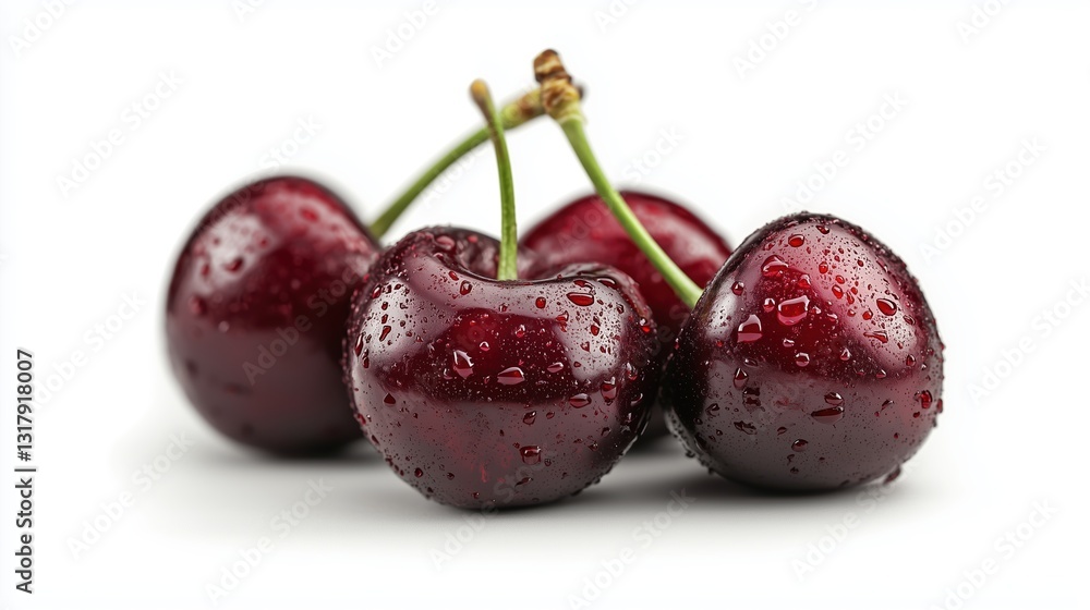 Close up of red cherries isolated with solid white background, studio lighting, green stems attached Close up of red cherries isolated with solid white background, studio lighting, green stems attached