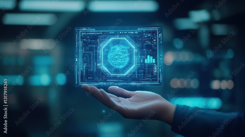A Hand Grasping an Advanced Futuristic Interface Displaying Digital Graphics and Data Representations in a Sleek and Innovative Design Environment A Hand Grasping an Advanced Futuristic Interface Displaying Digital Graphics and Data Representations in a Sleek and Innovative Design Environment
