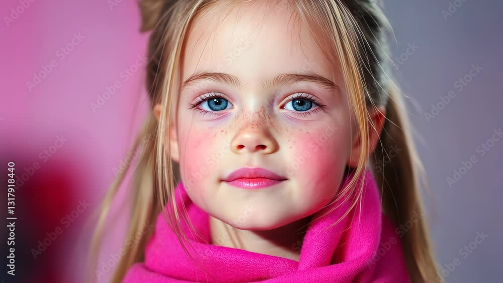Young Girl in Pink Outfit with Scarf Against Pink and Gray Background Showcasing Confidence and Style Young Girl in Pink Outfit with Scarf Against Pink and Gray Background Showcasing Confidence and Style