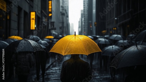 Businessman with yellow umbrella walking in rainy city street among people with black umbrellas, expressing individuality and optimism