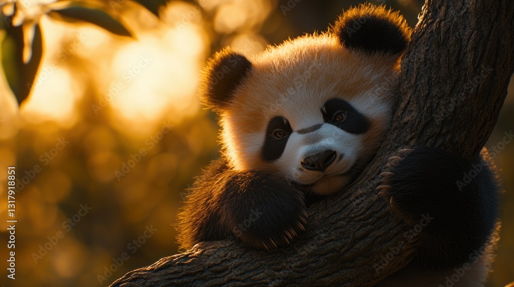 Golden Hour Panda Cub Resting on Tree Branch Golden Hour Panda Cub Resting on Tree Branch