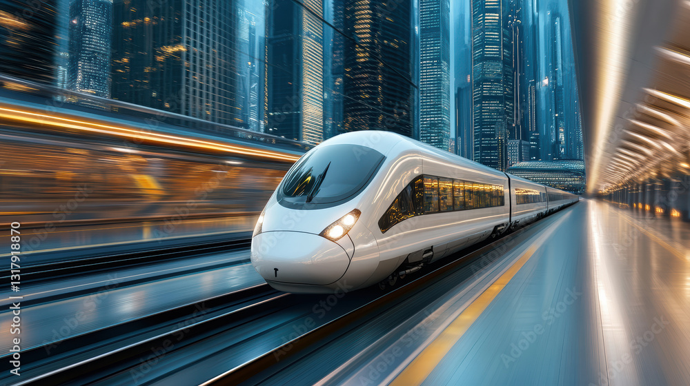 Fototapeta premium high speed train racing past futuristic skyscrapers in vibrant cityscape