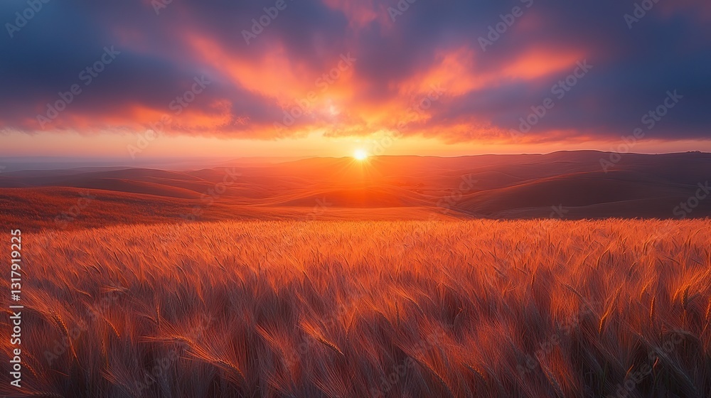 a serene wheat field with rolling hills in the background under a dramatic sky a serene wheat field with rolling hills in the background under a dramatic sky