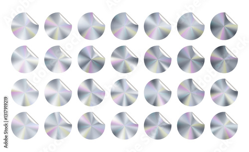 Hologram label sticker stamp. Silver metal circle gradient emblem. Holograph icon 100 original assurance. Platinum foil seal, original round texture. Product quality badge certification tape swatch