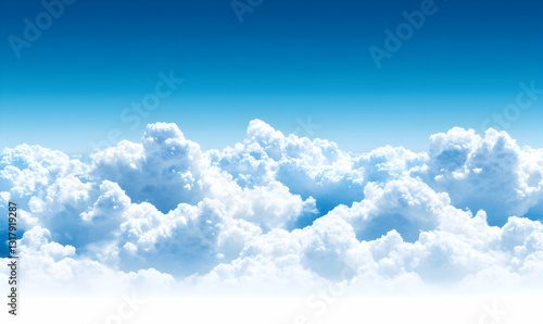 Stunning aerial view of fluffy cumulus clouds forming a breathtaking sea of white and blue under a vibrant sky. Perfect for travel, serenity, and freedom themes.