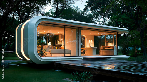 Wallpaper Mural Modern Glass House Exterior Illuminated At Night Near Pond With Reflection and Trees Torontodigital.ca