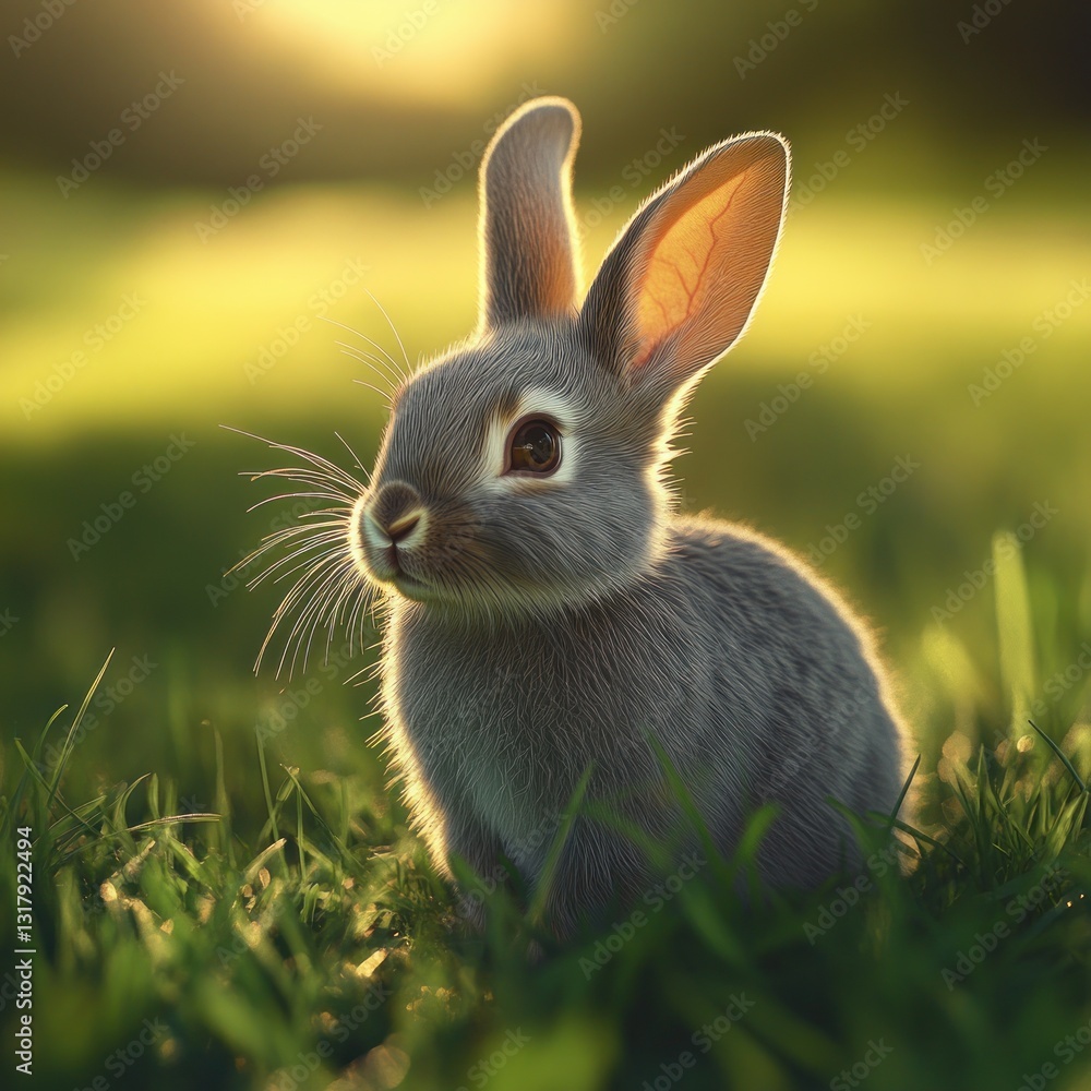 Fototapeta premium Golden-hour bunny sits in grassy meadow