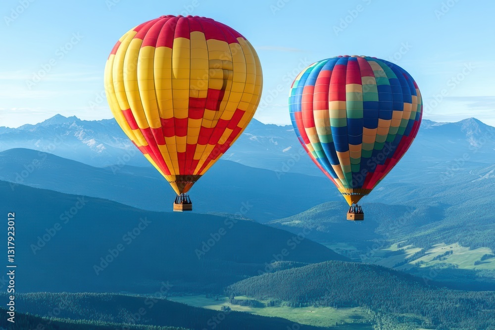 Fototapeta premium Vibrant Colorful Hot Air Balloons Ascending Against a Clear Blue Sky in a Joyful Display of Freedom and Adventure in a Scenic Outdoor Setting