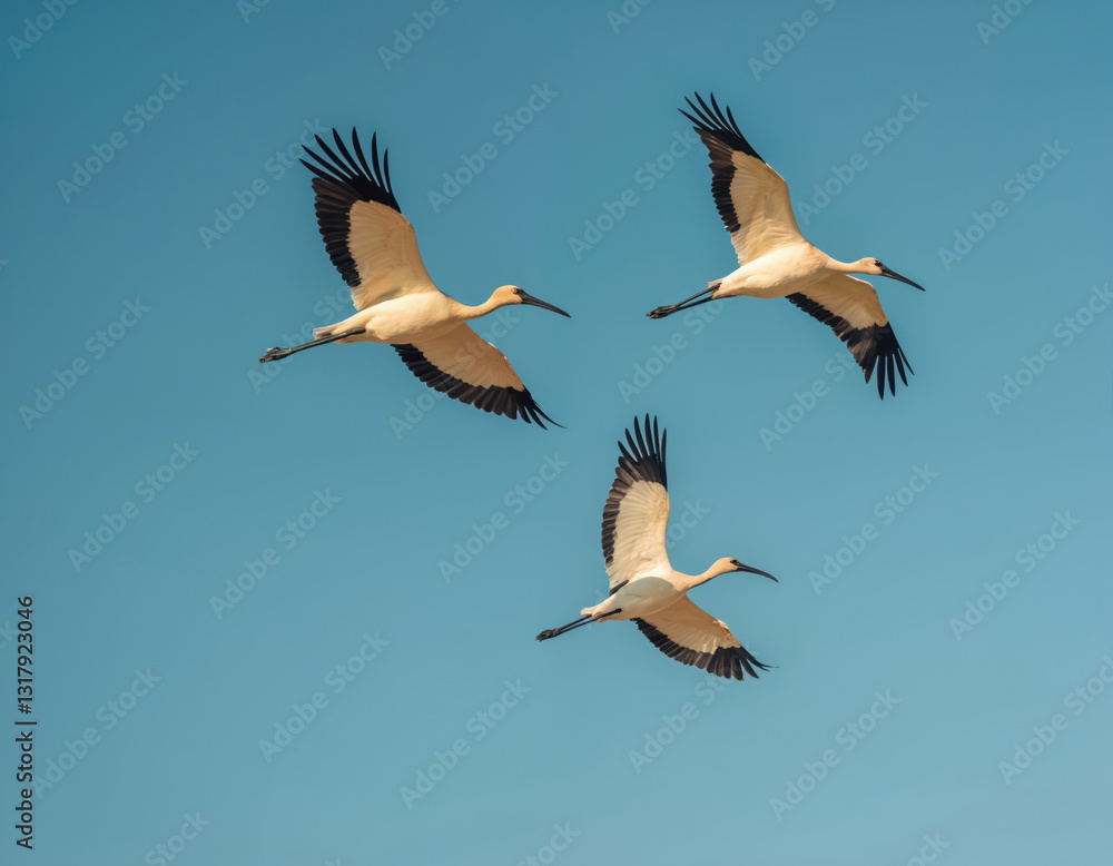 Fototapeta premium Three African Sacred Ibises fly in blue sky in Bahrain. Beautiful winged birds with black feathers soar gracefully through air with outstretched wings. Birds represent freedom in wild animal kingdom.