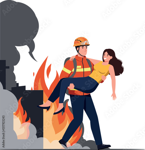 Firefighter rescuing woman from blazing building in vibrant flat vector illustration showcasing heroism and urgency in a dramatic scene