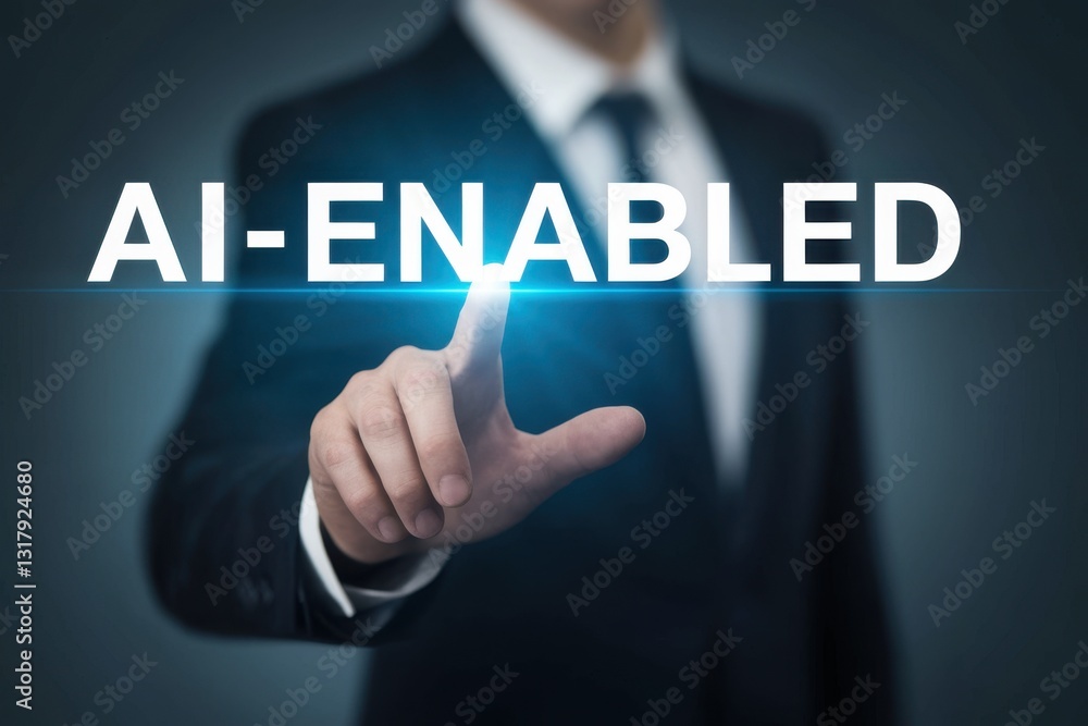 Businessman touching AI-ENABLED button, activating artificial intelligence features. Businessman touching AI-ENABLED button, activating artificial intelligence features.