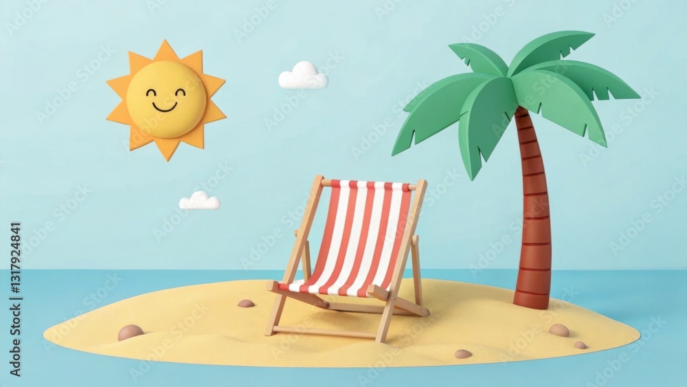 Obraz premium A beach chair sits on a small sandy island, with a palm tree and smiling sun, creating a relaxing, vacation vibe.