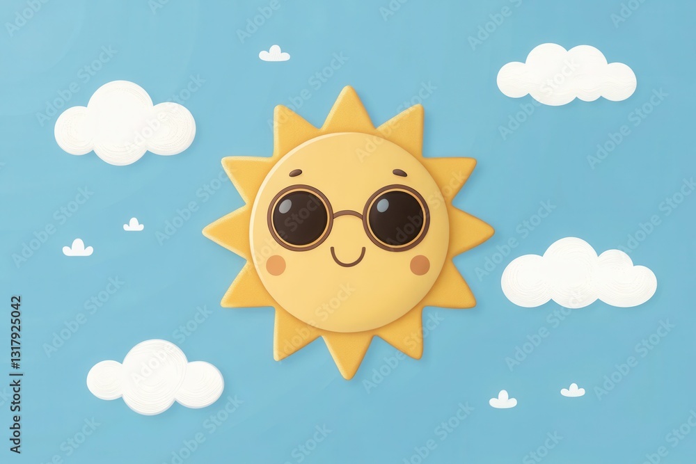 A smiling cartoon sun wearing sunglasses, against a blue sky with fluffy white clouds, Cute sun character enjoying summer weather. A smiling cartoon sun wearing sunglasses, against a blue sky with fluffy white clouds, Cute sun character enjoying summer weather.