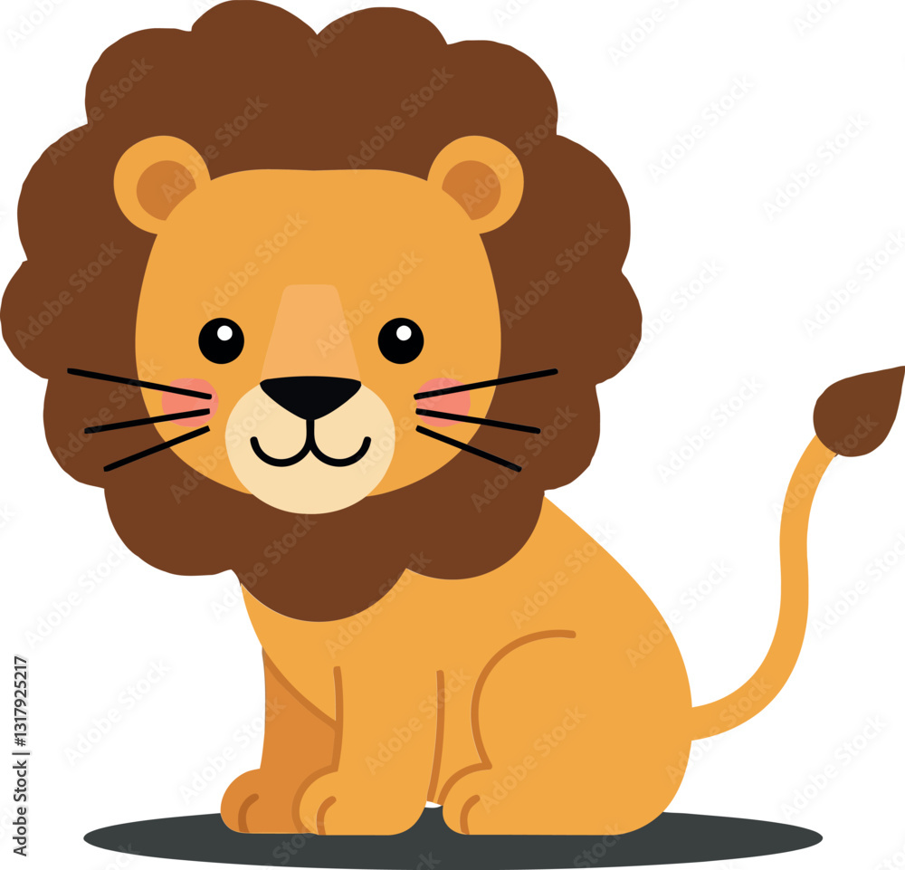 Obraz premium Cute cartoon lion with a friendly expression, minimal design style, sitting calmly with a fluffy mane, showcasing warmth and playfulness, vector art