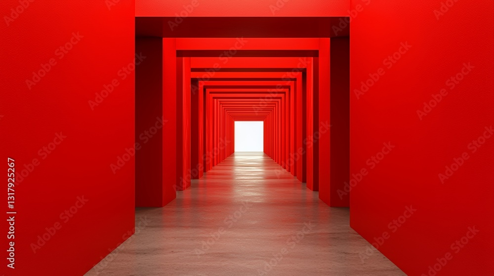 Red Geometric Corridor With Bright Light at the End Red Geometric Corridor With Bright Light at the End