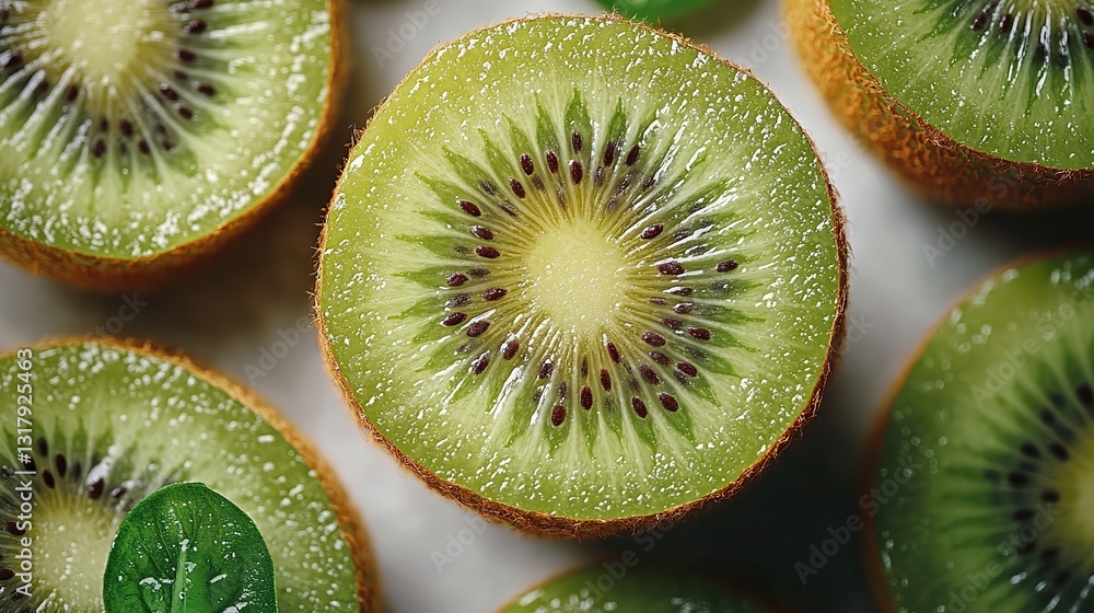 Fototapeta premium a whole kiwi and several slices arranged on a light background capturing the freshness and appeal of this tropical fruit