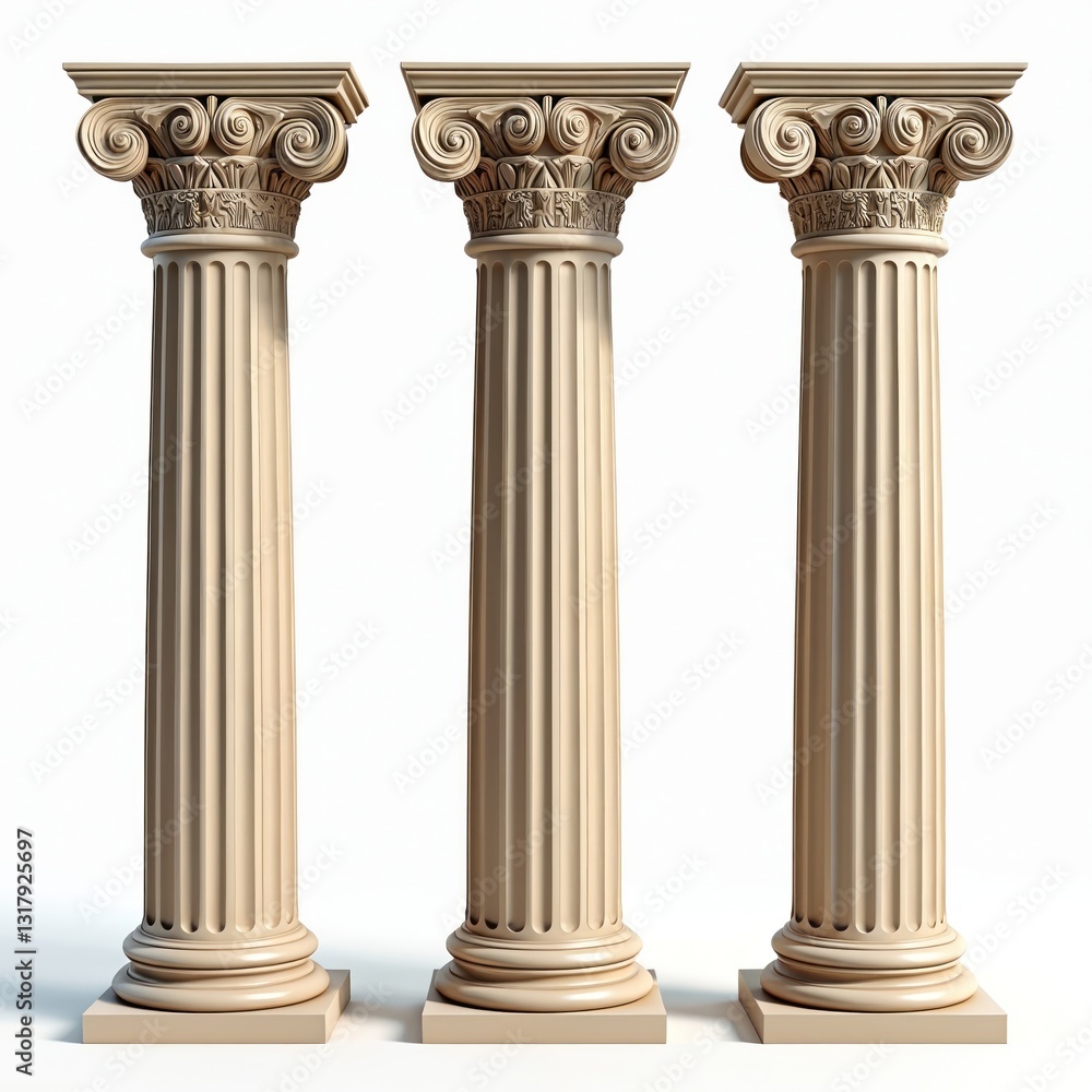 Three beige Greek columns stand isolated on white background. Antique pillars showcase classical architecture. Ionic order, marble texture, ancient temple elements present cultural heritage, Three beige Greek columns stand isolated on white background. Antique pillars showcase classical architecture. Ionic order, marble texture, ancient temple elements present cultural heritage,