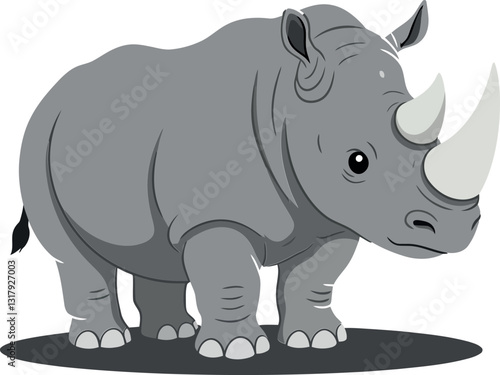 Gray rhinoceros standing with a friendly expression in a minimal style vector illustration showcasing its prominent horns and sturdy body