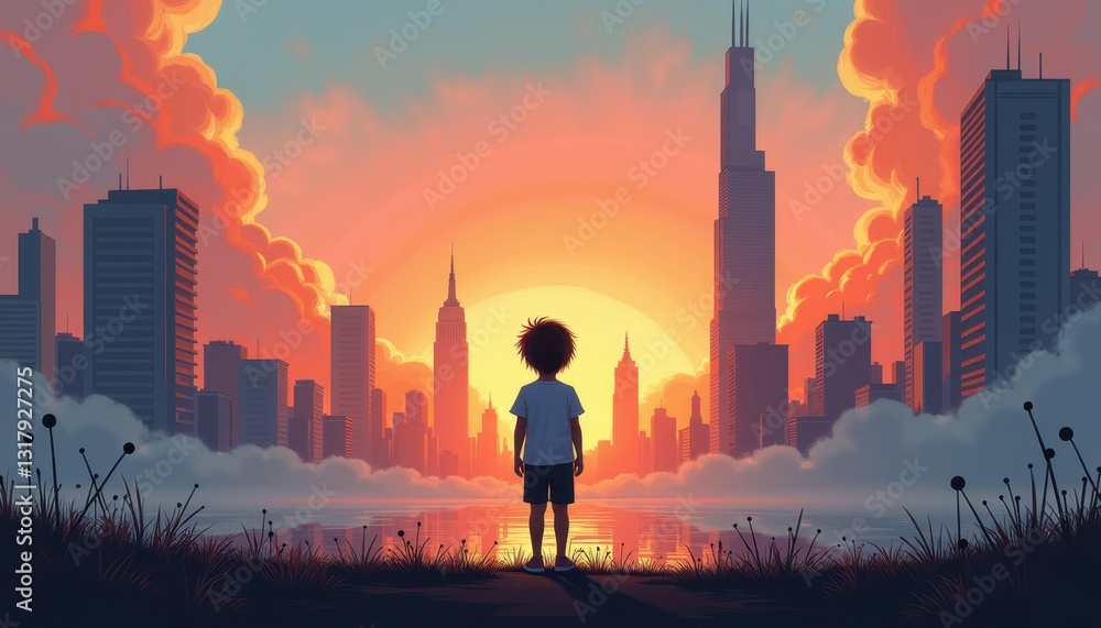 Silhouette figure gazing at urban skyline for motivation blogs, career planning websites, decision-making presentations Silhouette figure gazing at urban skyline for motivation blogs, career planning websites, decision-making presentations