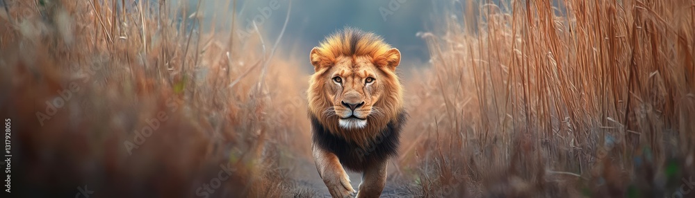Fototapeta premium Majestic Lion Striding Gracefully Through Lush Tall Grass Underneath a Bright Blue Sky Evoking a Sense of Freedom and Natural Wild Beauty in Africa