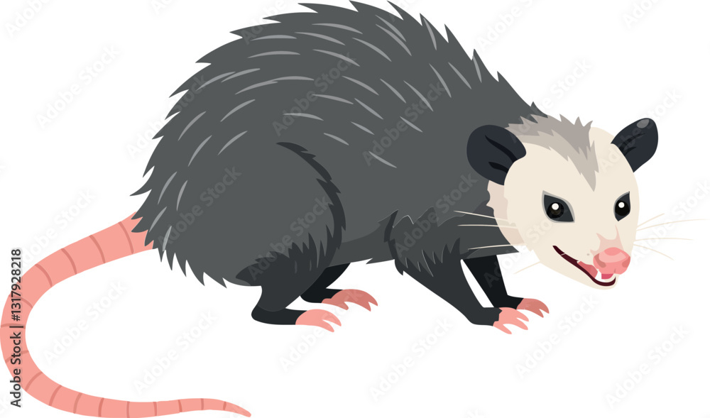 Obraz premium Opossum character with detailed fur and expressive face in a flat design style, showcasing curious stance, vector illustration