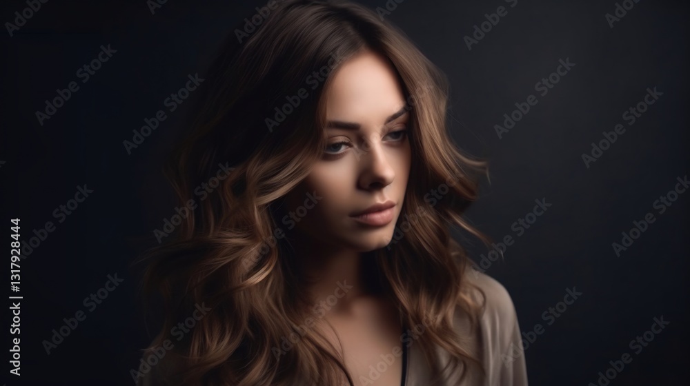 Pensive Woman for Studio Portrait, Dark Background. Pensive Woman for Studio Portrait, Dark Background.