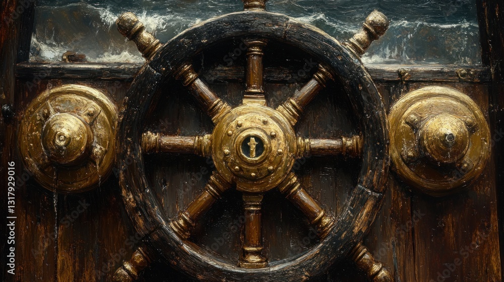 Obraz premium Wooden ship's wheel in stormy sea backdrop