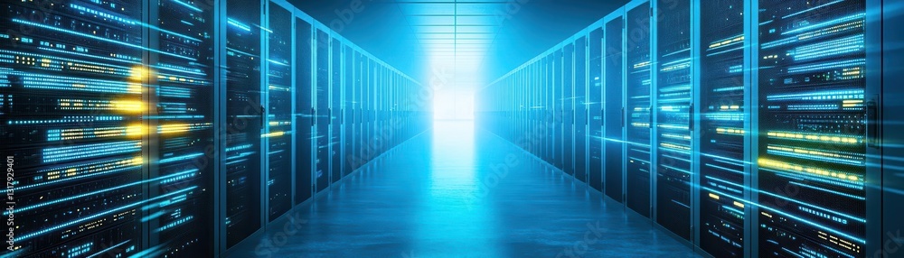 Modern Server in a High-Tech Server Room Surrounded by Rows of Equipment and Cables Featuring a Cool Blue Light Creating a Futuristic Atmosphere