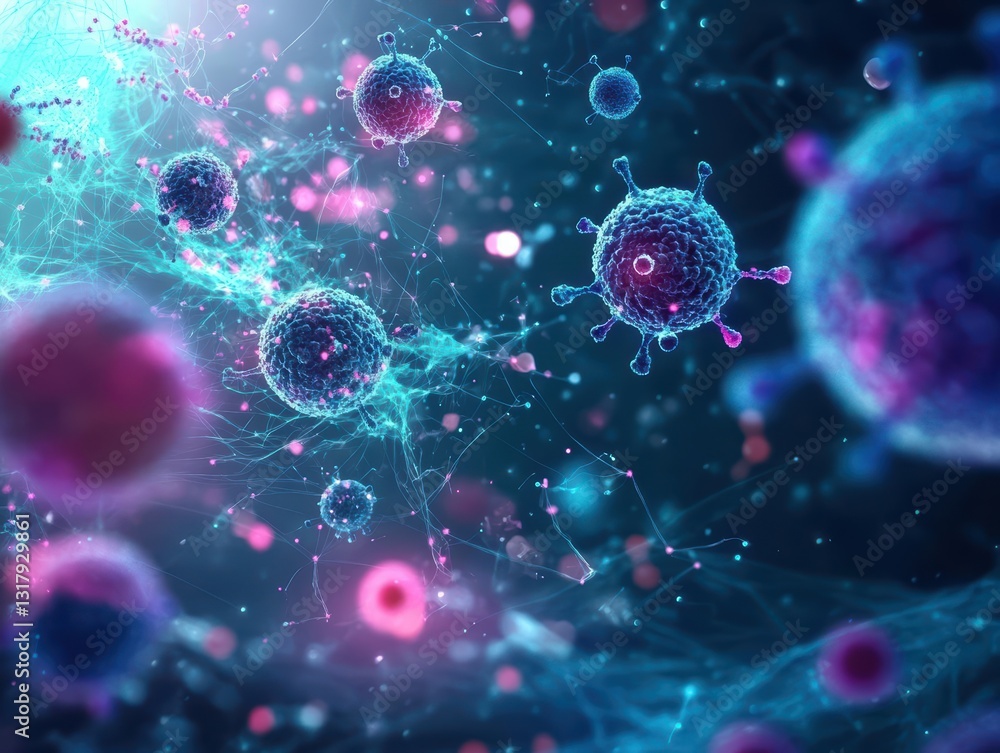 Group of Viruses Interacting Within the Human Body Showcasing Intricate Structures and Diverse Forms Highlighting Microbial Complexity and Health Impact Group of Viruses Interacting Within the Human Body Showcasing Intricate Structures and Diverse Forms Highlighting Microbial Complexity and Health Impact
