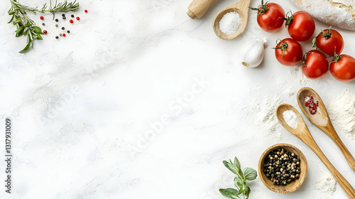 Fresh Ingredients for Cooking on White Marble Surface with Herbs