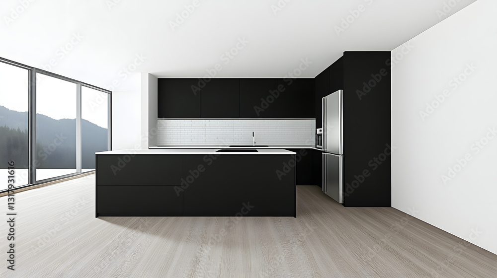 Spacious open-concept kitchen with black island, white walls, and minimalist design UHD 4K Image Spacious open-concept kitchen with black island, white walls, and minimalist design UHD 4K Image