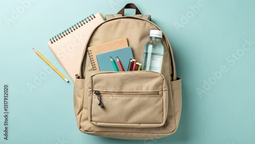 Beige backpack neatly packed with school supplies, including notebooks, pens, and a reusable water bottle, on a minimalist surface