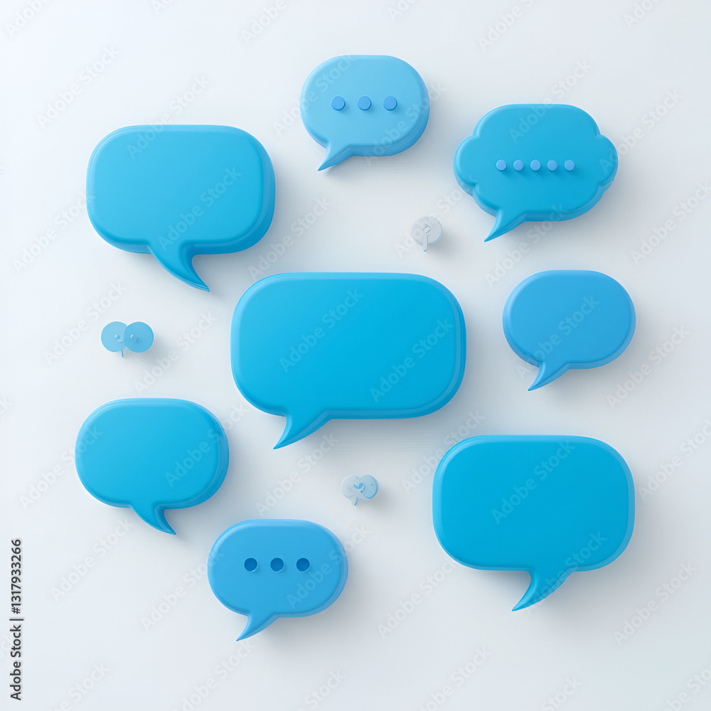 3D blue ellipsis speech bubbles and chat icons for text, messages, and dialogs are rendered. Isolated on a white background are circle talk boxes with quotes, discussion points, and comments 3D blue ellipsis speech bubbles and chat icons for text, messages, and dialogs are rendered. Isolated on a white background are circle talk boxes with quotes, discussion points, and comments