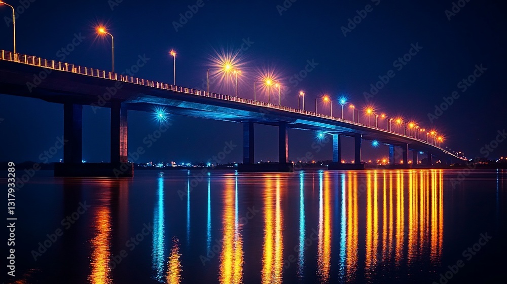 Night Scene of Illuminated Bridge Reflecting on Calm Waters A Stunning View of Modern Architecture at Night