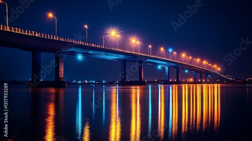 Obraz na płótnie Night Scene of Illuminated Bridge Reflecting on Calm Waters A Stunning View of Modern Architecture at Night w salonie
