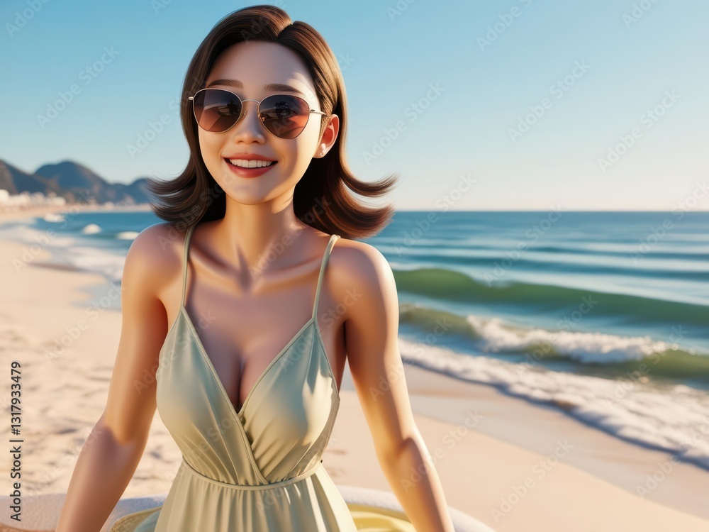 Sun-Kissed Beach Bliss: A smiling Thai woman, radiant in sunglasses and a summer dress, enjoys a sunny day on the beach, where the sand meets the sparkling ocean in a scene of pure joy, 3d rendering Sun-Kissed Beach Bliss: A smiling Thai woman, radiant in sunglasses and a summer dress, enjoys a sunny day on the beach, where the sand meets the sparkling ocean in a scene of pure joy, 3d rendering
