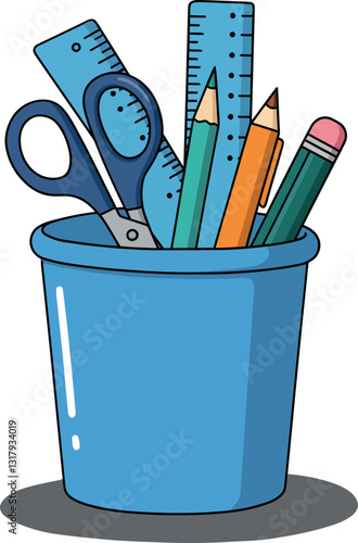 Blue pencil holder filled with colorful stationery items like pencils, scissors, and rulers in a flat design vector illustration